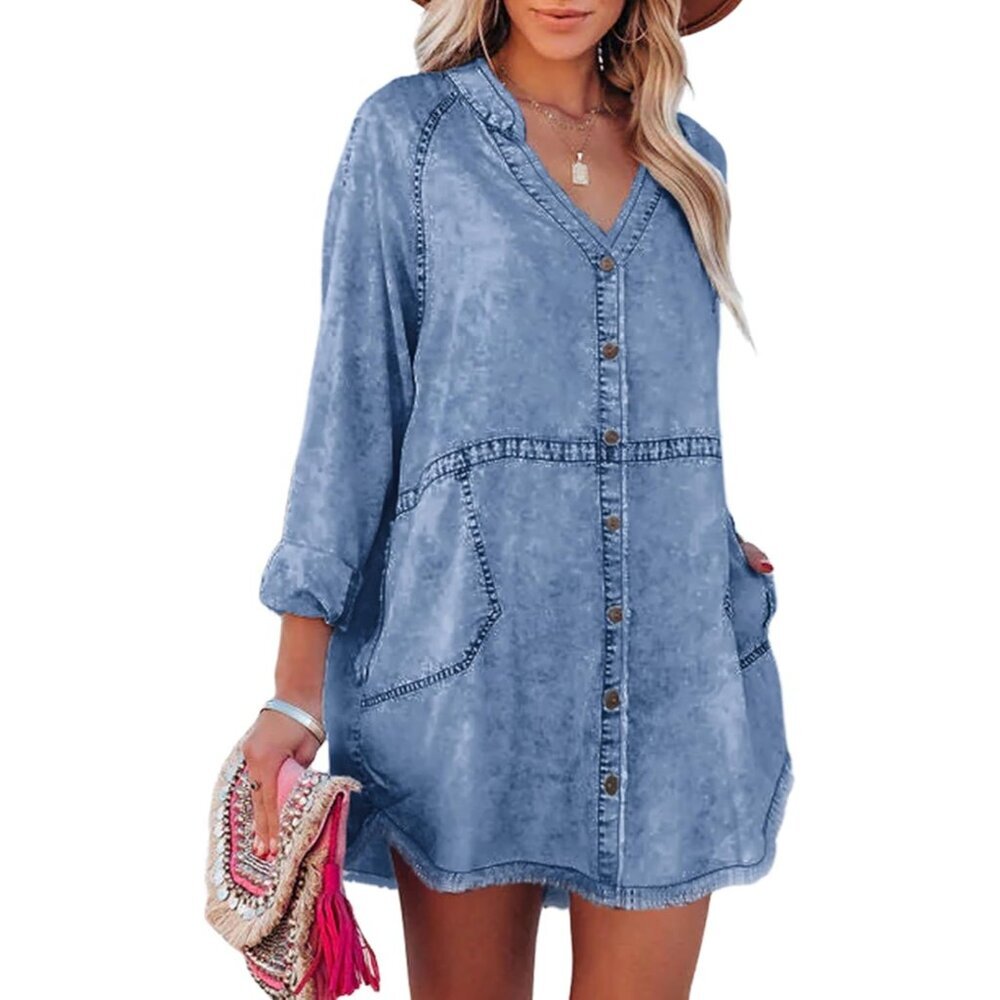 Denim Shirt Dress Women Long Sleeve V-Neck Mini Button-Down Casual Style